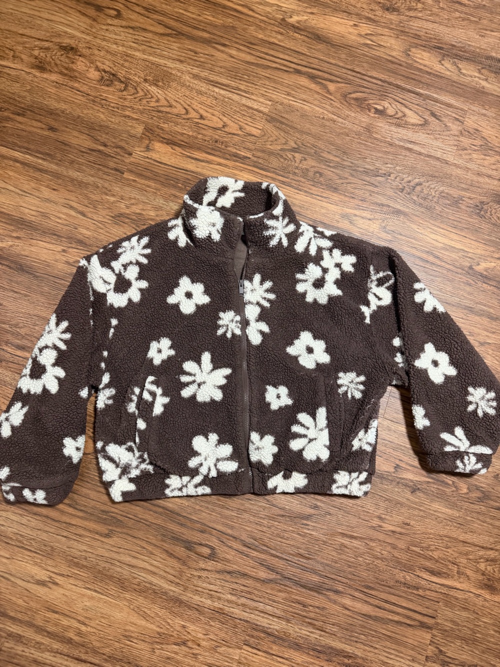 bp Brown Sherpa Zip-Up Jacket with White Floral Pattern